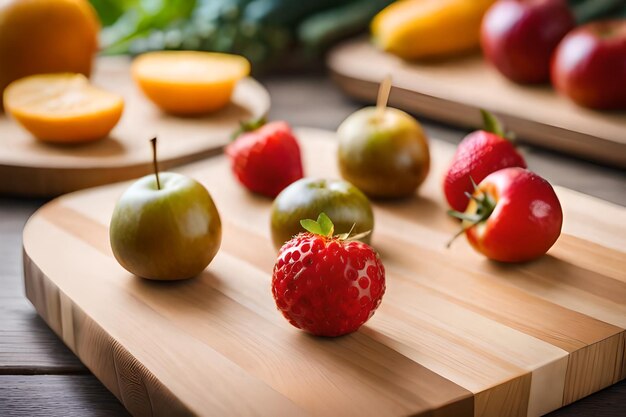 a strawberry on a wooden table with other fruits.