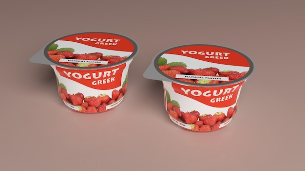 Photo strawberry yogurt plastic cup packaging 3d illustration