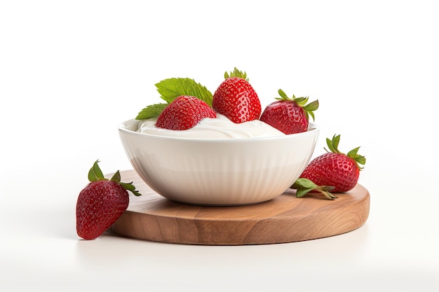 Strawberry and yogurt in a wooden bowl white background