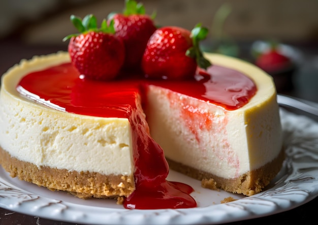 StrawberryTopped Cheesecake on a Dark Plate