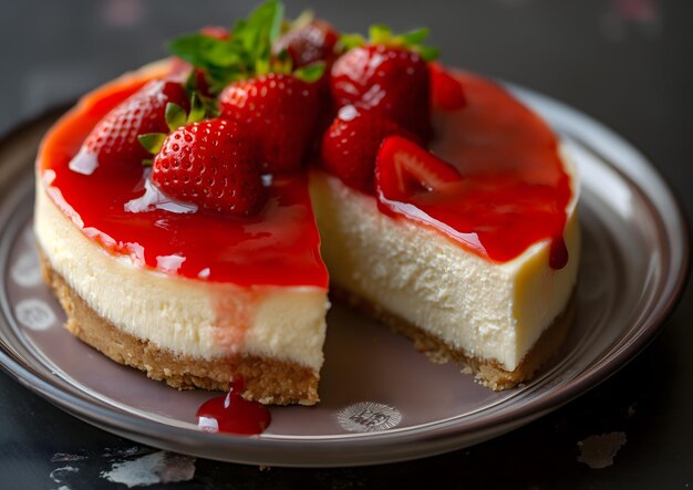 Photo strawberrytopped cheesecake on a dark plate