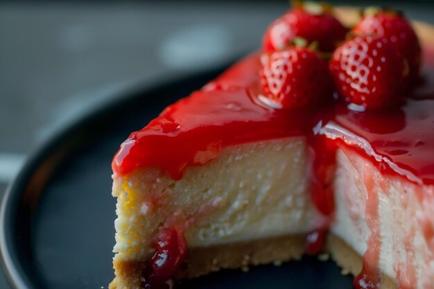 Photo strawberrytopped cheesecake on a dark plate