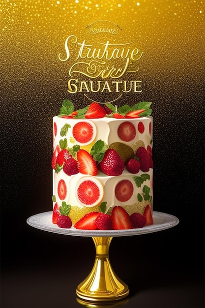 Strawbery cake with salad fruit gold background highly detai