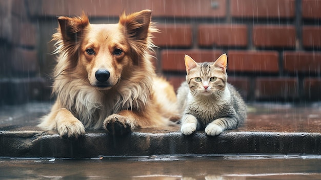 雨の間路上に座っている流浪猫と犬の高品質写真