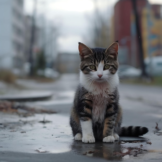 Foto un gatto randagio che cammina triste per la città