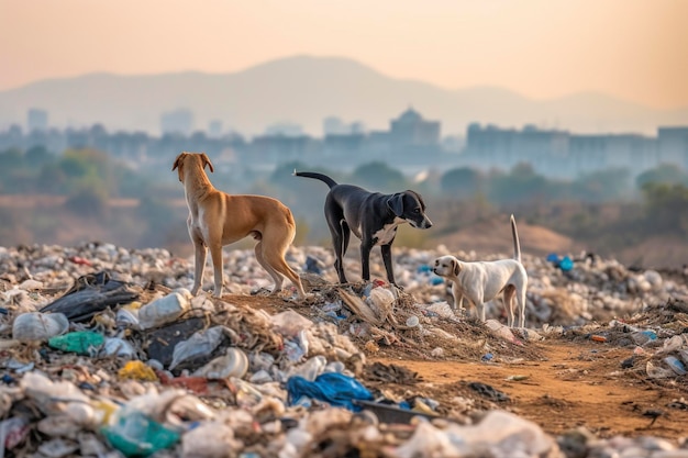 Stray dogs scavenge for food in a dump Ai generated