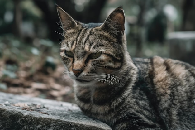 墓地に残された選択的注意を持つ野良猫