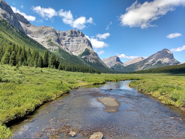 Stream against mountains
