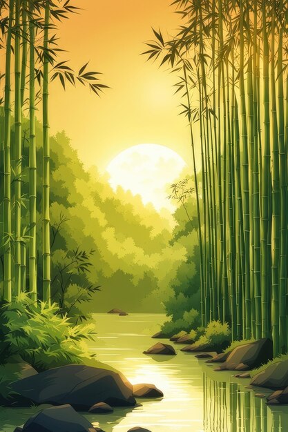 Stream in a bamboo forest at sunrise illustration background