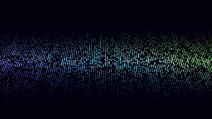 Photo stream of binary code blue matrix background falling dots texture on dark backdrop digital computer code coding and hacking 3d rendering