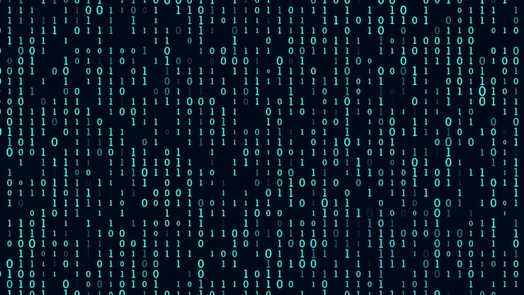 Photo stream of binary code blue matrix background falling numbers on dark backdrop digital computer code coding and hacking 3d rendering