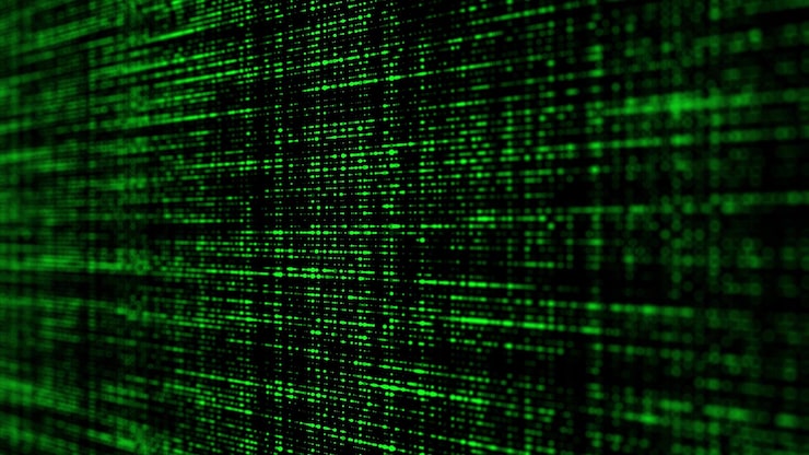 Photo stream of binary code green matrix background falling dots texture on dark backdrop digital computer code coding and hacking 3d rendering