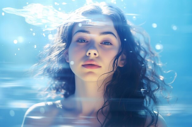 Stream of clean water before beautiful face of young teen blue background