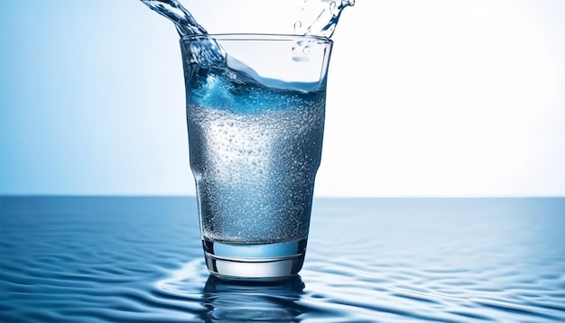 A stream of clear transparent cold water is poured into a glass beaker on blue background with beaut