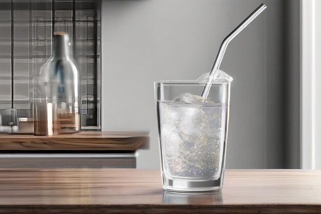 A stream of clear transparent cold water is poured into a glass beaker on blue background