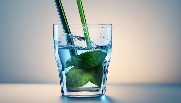 Поток прозрачной холодной воды наливается в стеклянную чашку на синем фоне