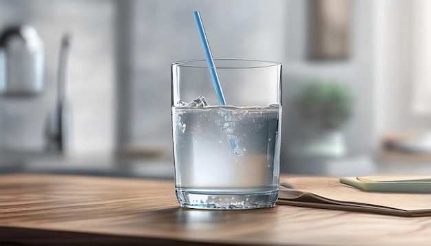 A stream of clear transparent cold water is poured into a glass beaker on blue background