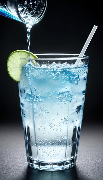 Поток прозрачной холодной воды наливается в стеклянную чашку на синем фоне