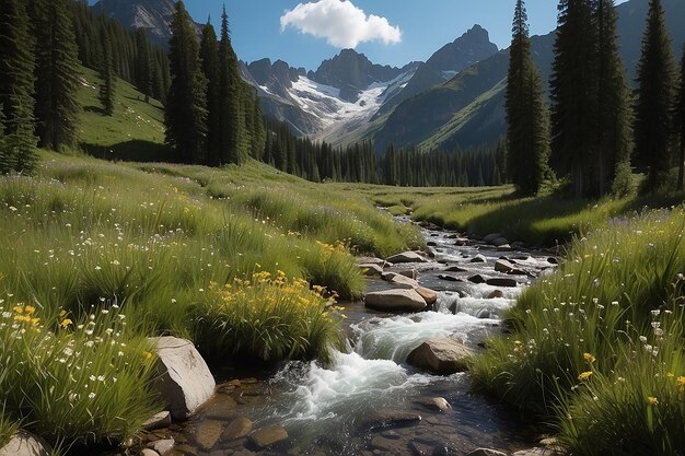 Photo stream flowing through blooming alpine meadow and lush green woodland high altitude mountain range at