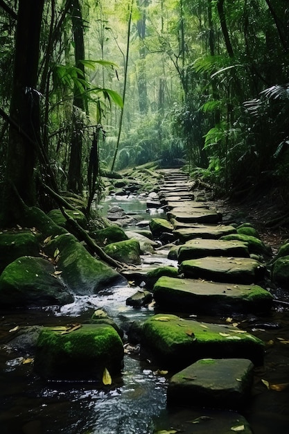Ручей, текущий через тропический лес в Коста-Рике, Центральная Америка Генеративный искусственный интеллект