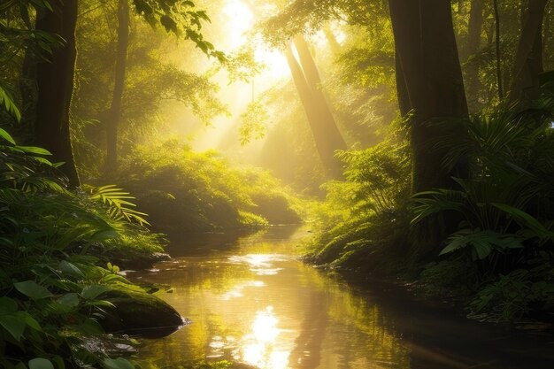 A stream in the forest at sunrise