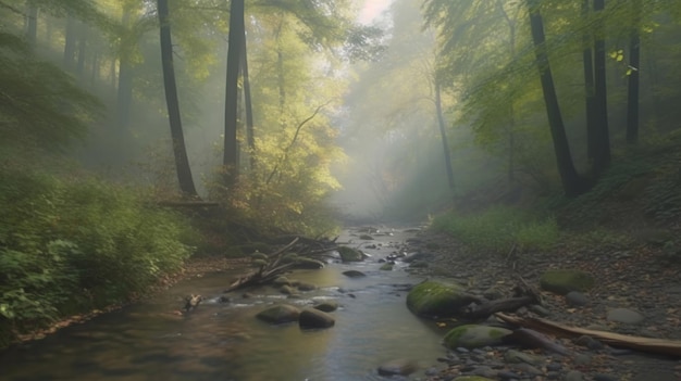 A stream in the forest with fog and trees