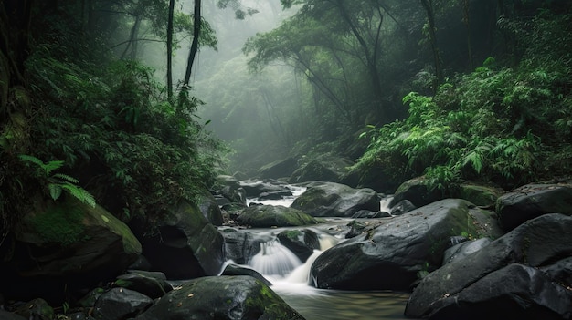 A stream in the forest with a green background