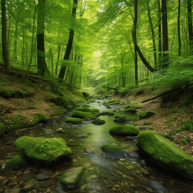 A stream in a forest with green moss covered rocks and a stream with the word love on it.