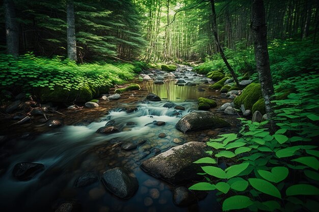 Photo a stream in the forest with green plants and trees