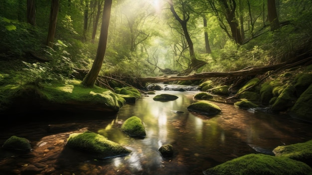 A stream in a forest with green trees and a sun shining on it.