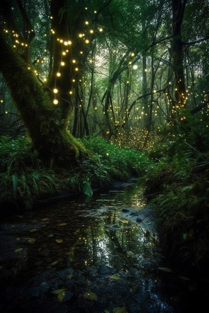 Foto un ruscello nella foresta con luci nel cielo