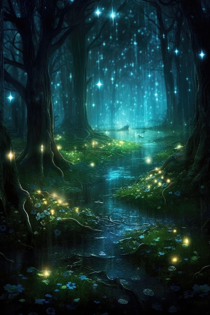 a stream in a forest with lights and stars