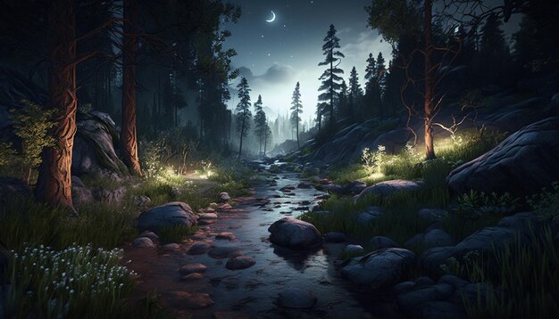 A stream in the forest with a moon on the bottom