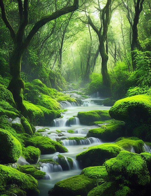 A stream in the forest with moss covered rocks