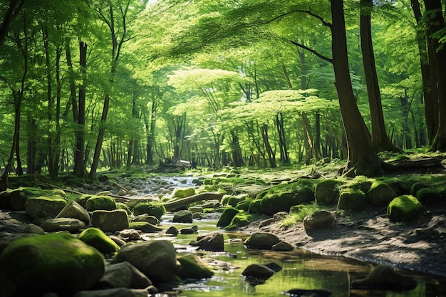 a stream in a forest with mossy rocks and moss covered rocks.