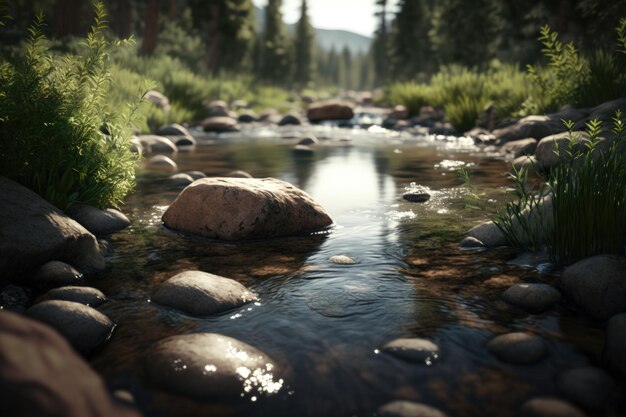 Premium AI Image  A stream in the forest with rocks and trees