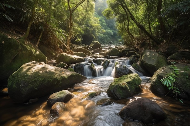 Premium AI Image  A stream in the forest with rocks and trees