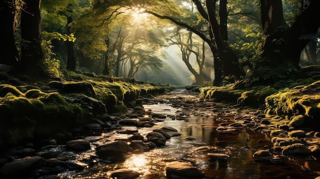 A stream in a forest with sun rays