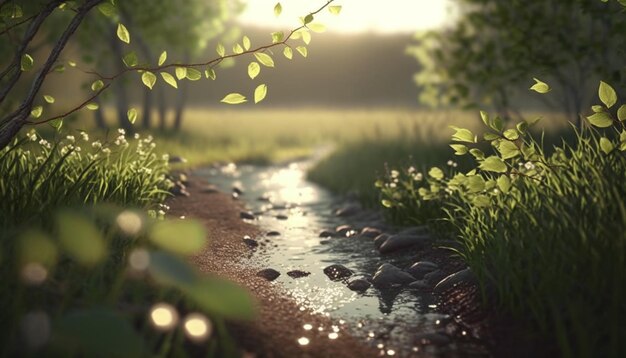 A stream in the forest with the sun shining on it