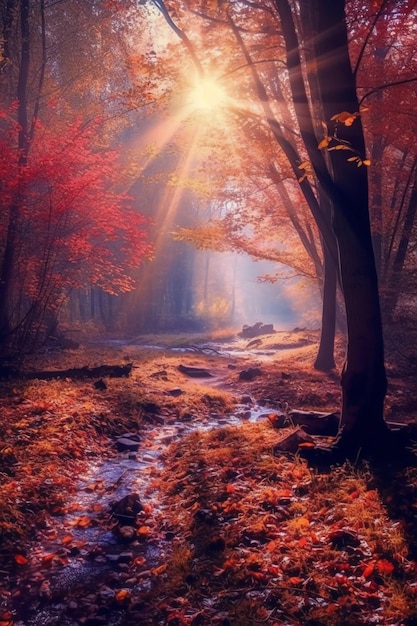 A stream in the forest with the sun shining through the leaves