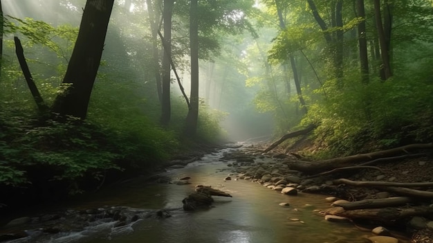 A stream in the forest with the sun shining through the trees.