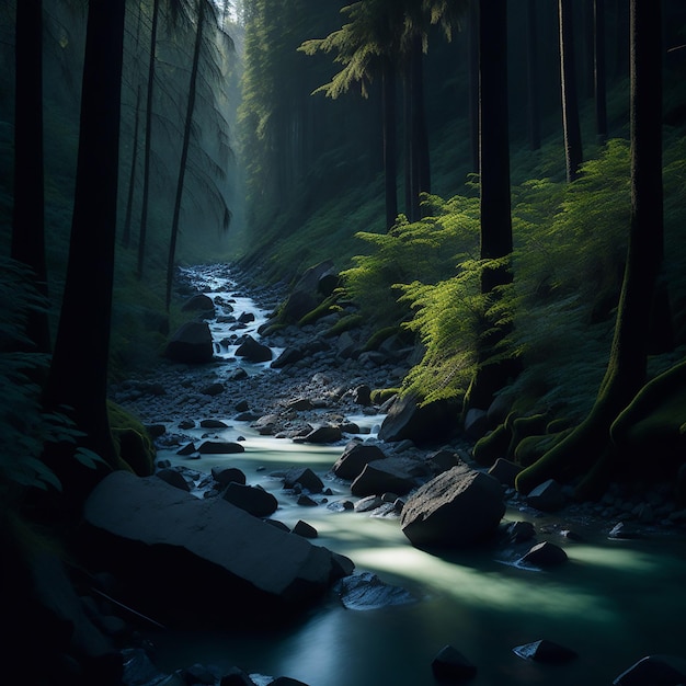 A stream in a forest with the sun shining on the trees