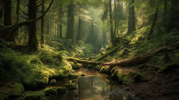 A stream in a forest with a tree in the foreground