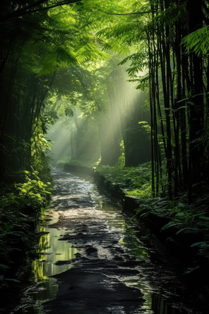 a stream in a forest with trees and plants