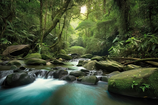 A stream in the jungle with a green tree in the background