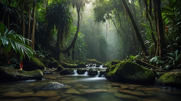 a stream in a jungle with mossy rocks and trees