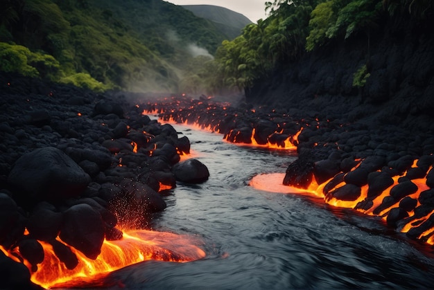 A stream of lava from a volcano cascades into a river below creating a fiery spectacle