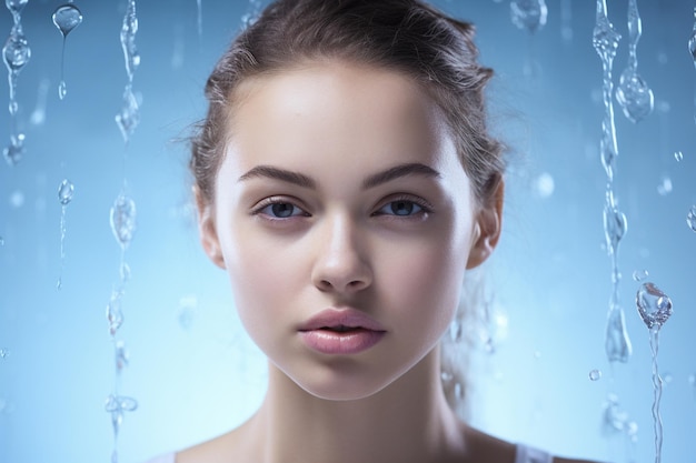 Фото Поток чистой воды перед красивым лицом молодого подростка на голубом фоне