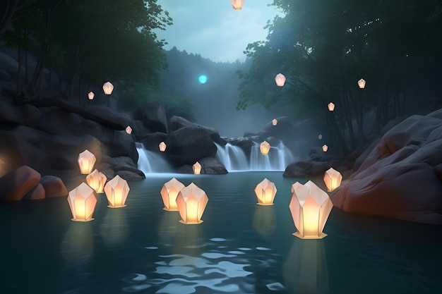 A stream of paper lanterns floating in a forest