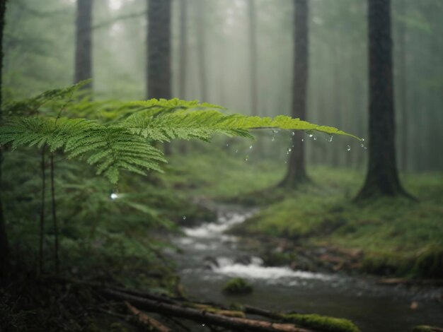 a stream running through a forest filled with trees and ferns in the rain